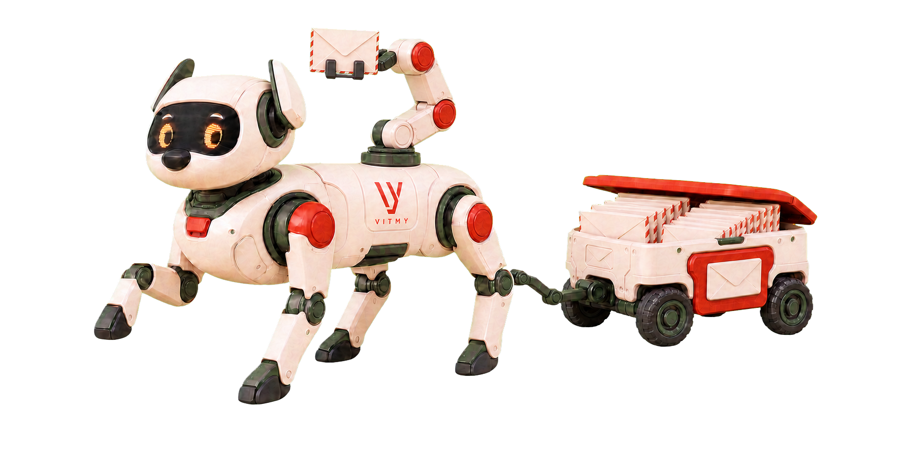 Vimi with a robot arm precisely aligned above its VITMY logo and a simple two-finger gripper holding an envelope